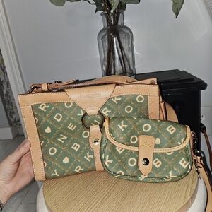 Y2K Dooney & Bourke ALTO Green Coated Cotton & Leather Ring Flap W/ Flaws SET